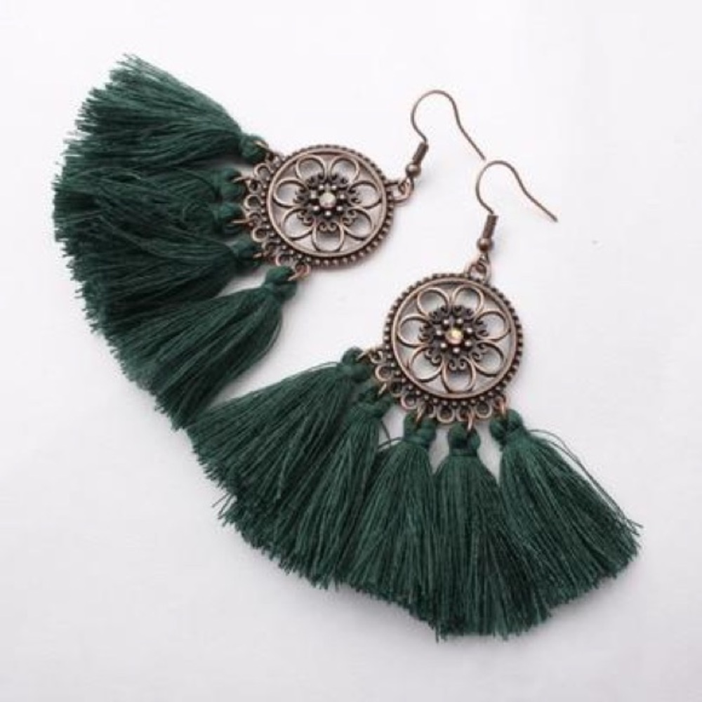 Green Boho Style Tassel Earrings